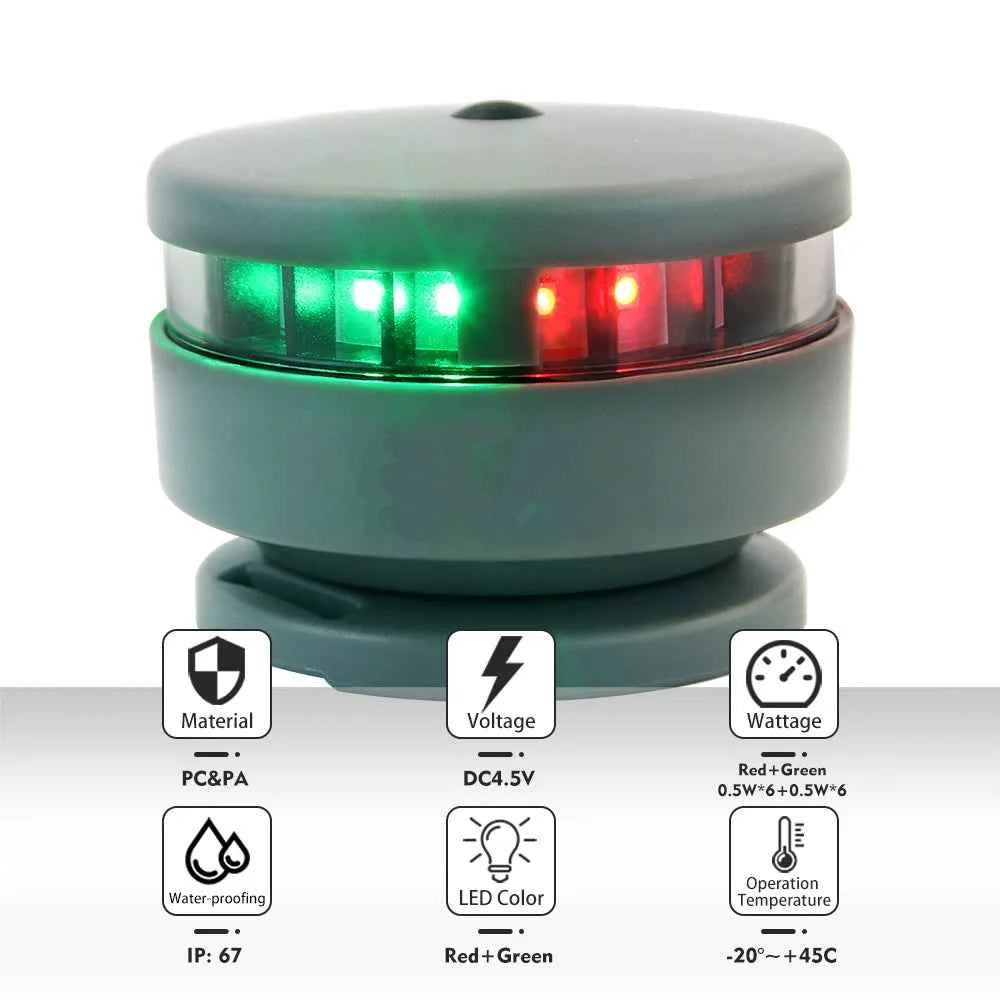 Boat LED Navigation Light Bi-Color Bow Light Red + Green/White with Magnetic Base and Fixed Ropes
